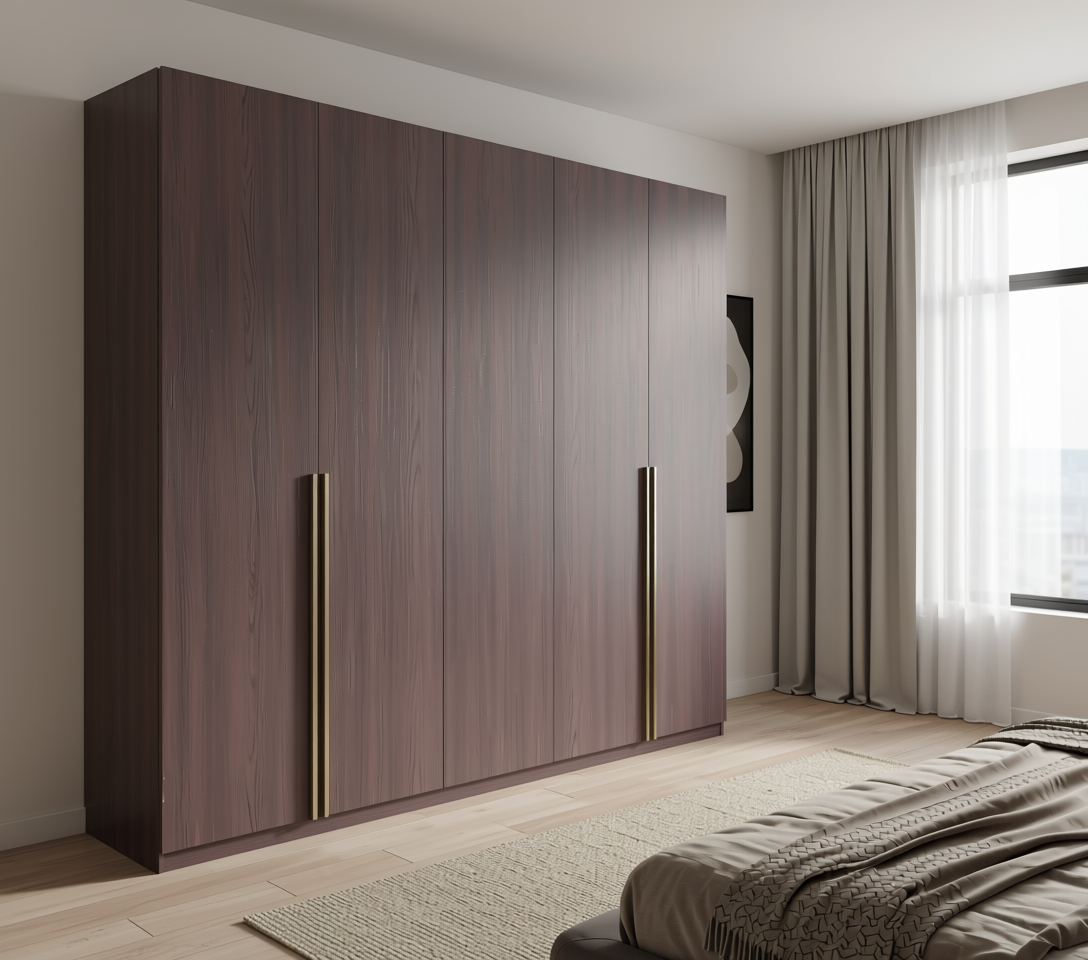 Brown wood laminate with textured finish and vertical grain direction.