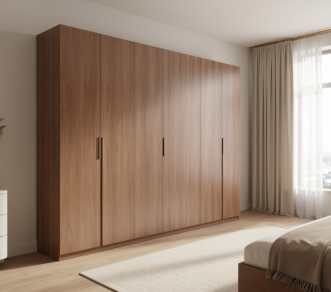 Brown wood laminate with textured finish and vertical grain direction.