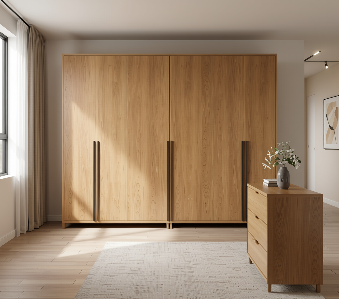 Brown wood grain laminate with textured finish and vertical grain direction.