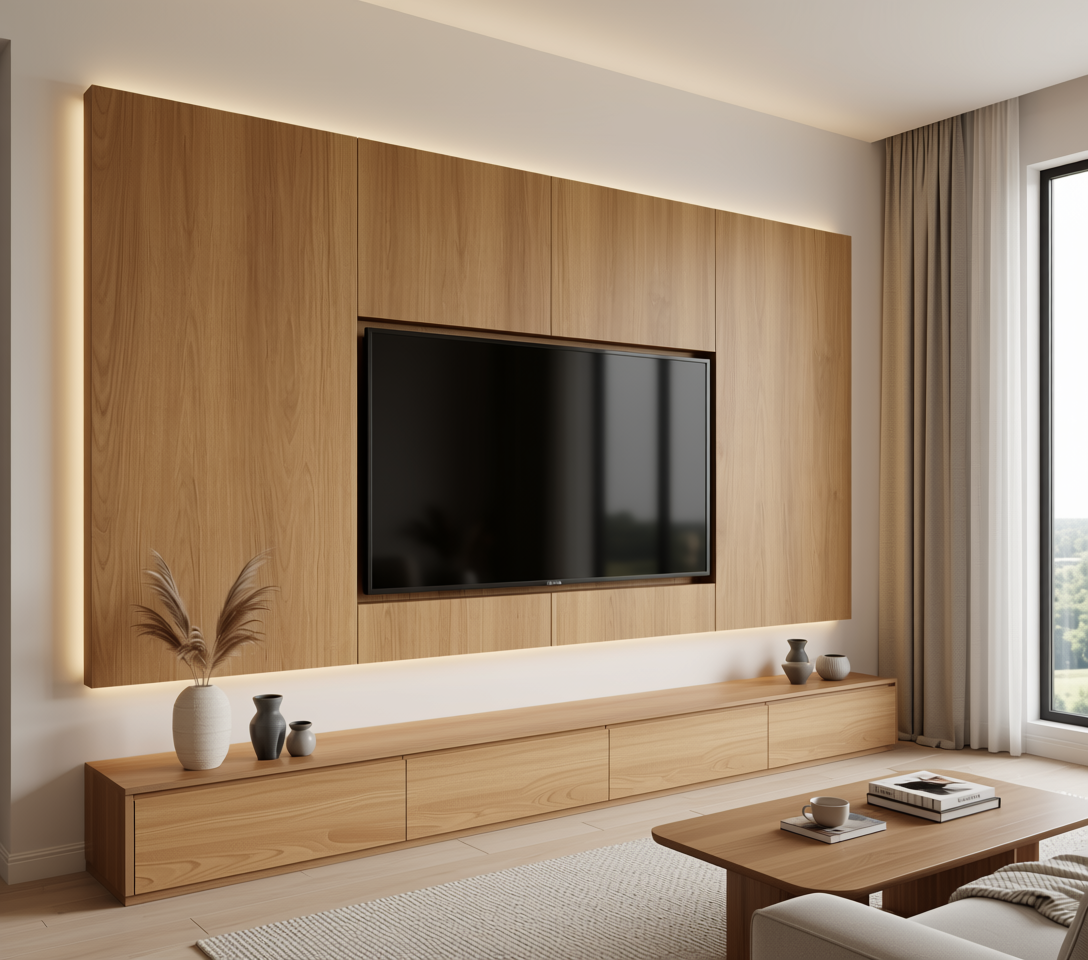 Brown wood grain laminate with textured finish and vertical grain direction.