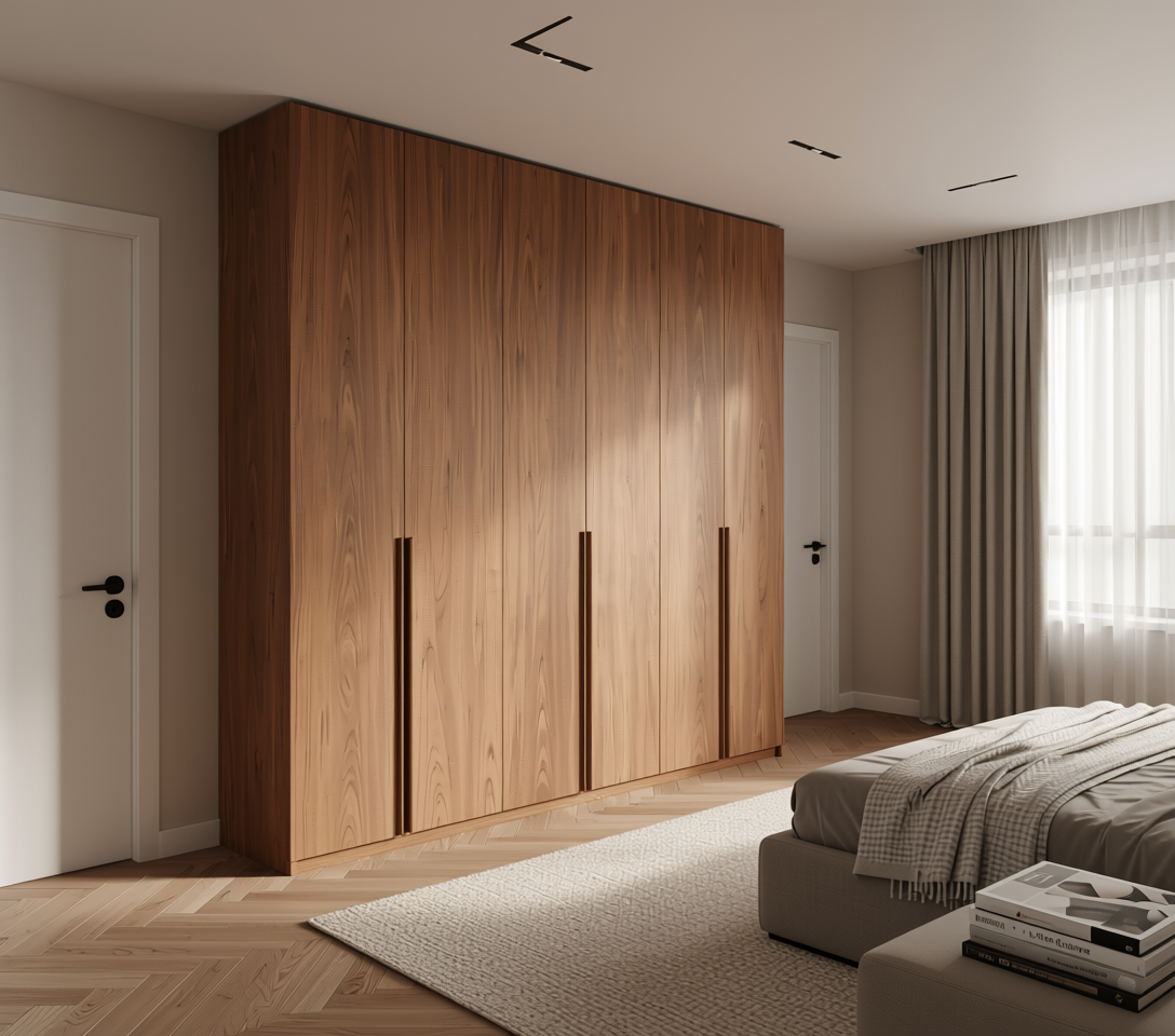 Brown wood laminate with textured finish and vertical grain direction.
