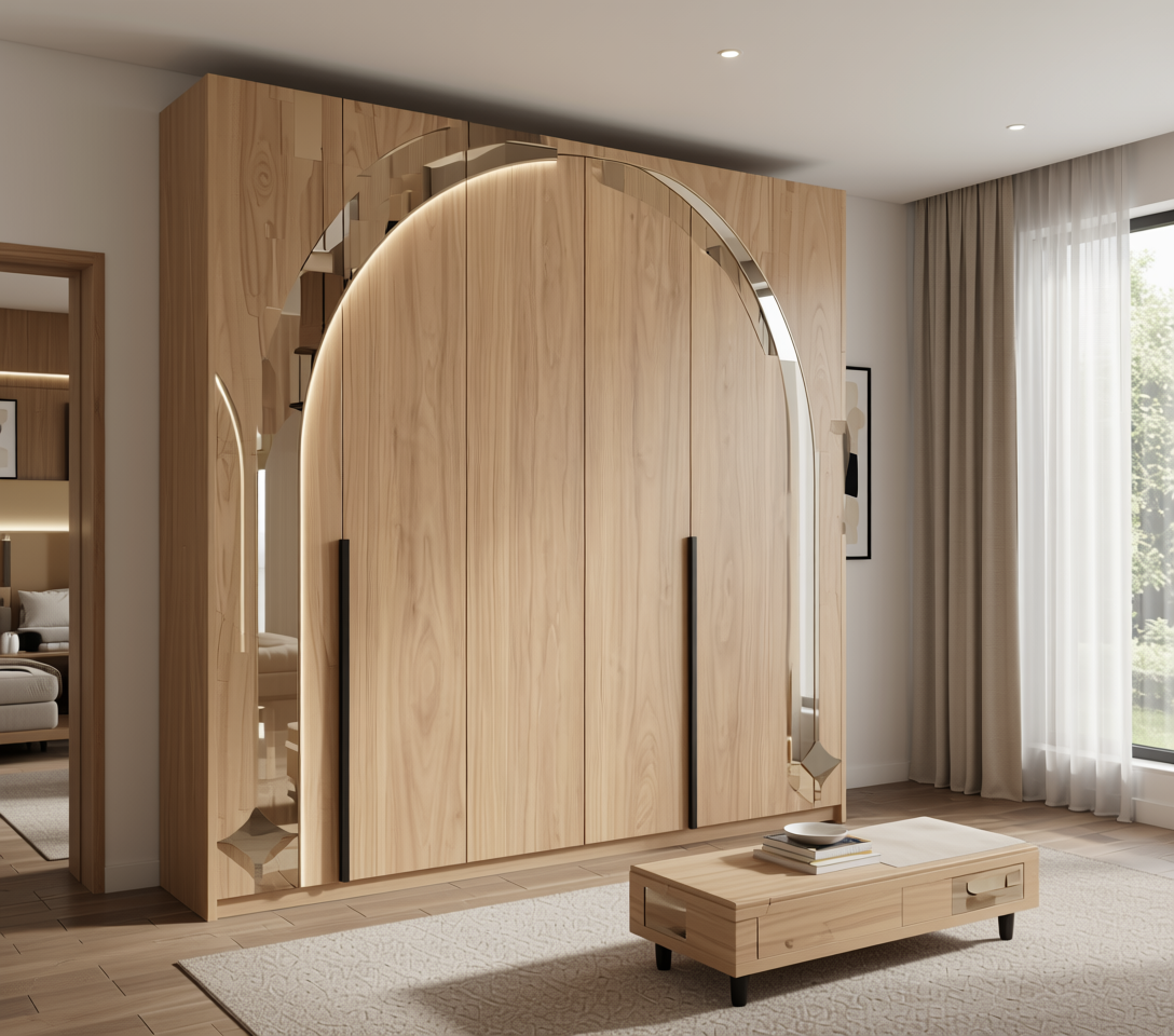 Beige wood grain laminate with textured finish and vertical grain direction.