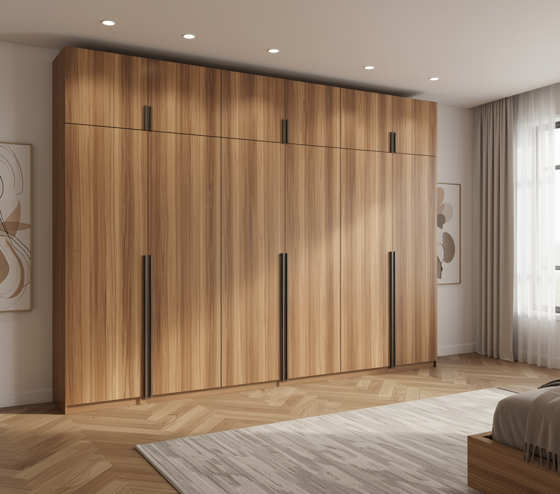 Brown wood laminate with vertical grain and textured finish in an arched frame.