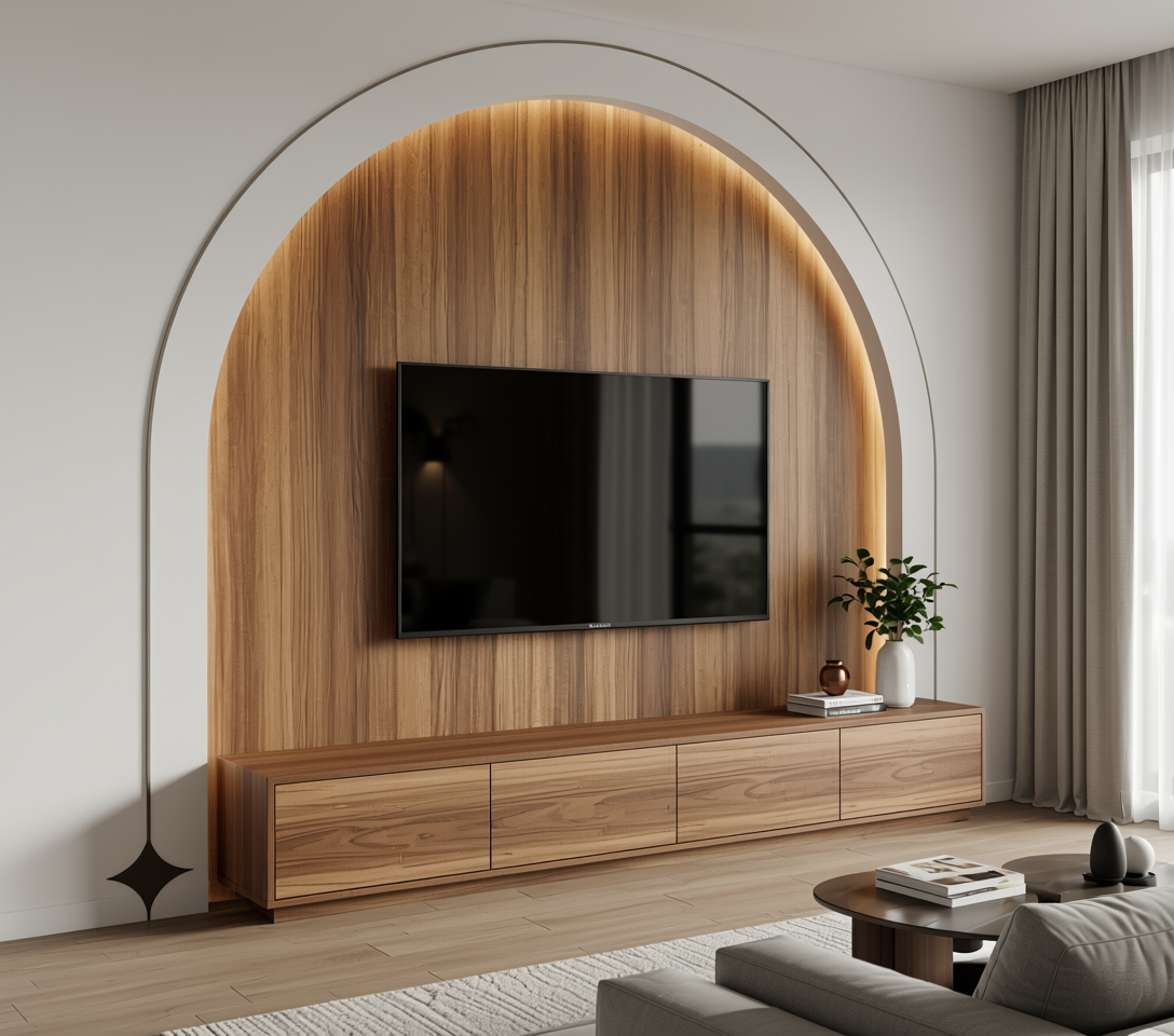 Brown wood laminate with vertical grain and textured finish in an arched frame.