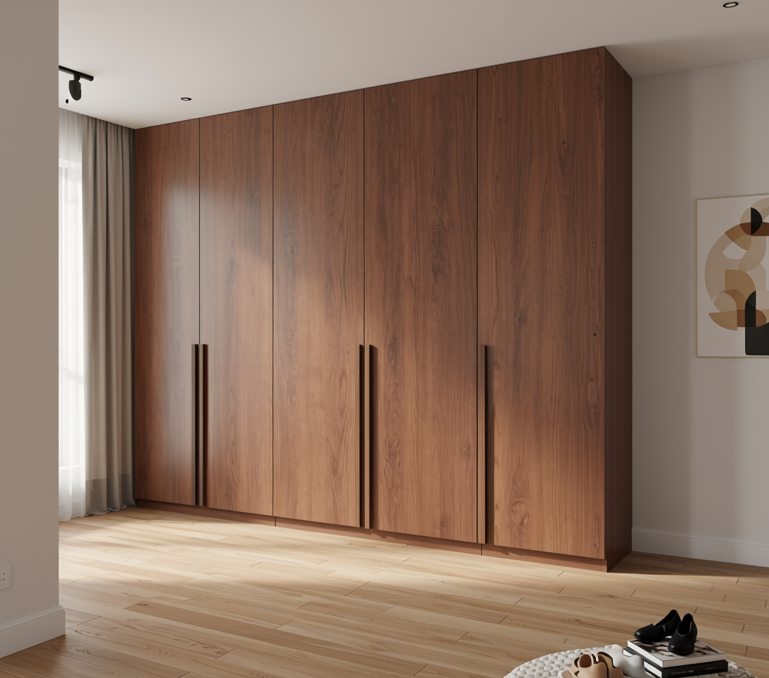 Brown laminate with wood grain texture and vertical pattern.