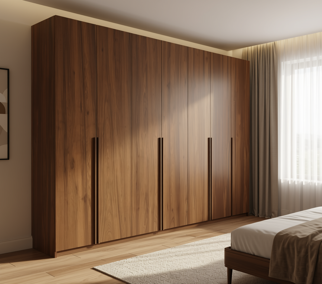 Brown wood laminate with vertical grain texture and arched white border.