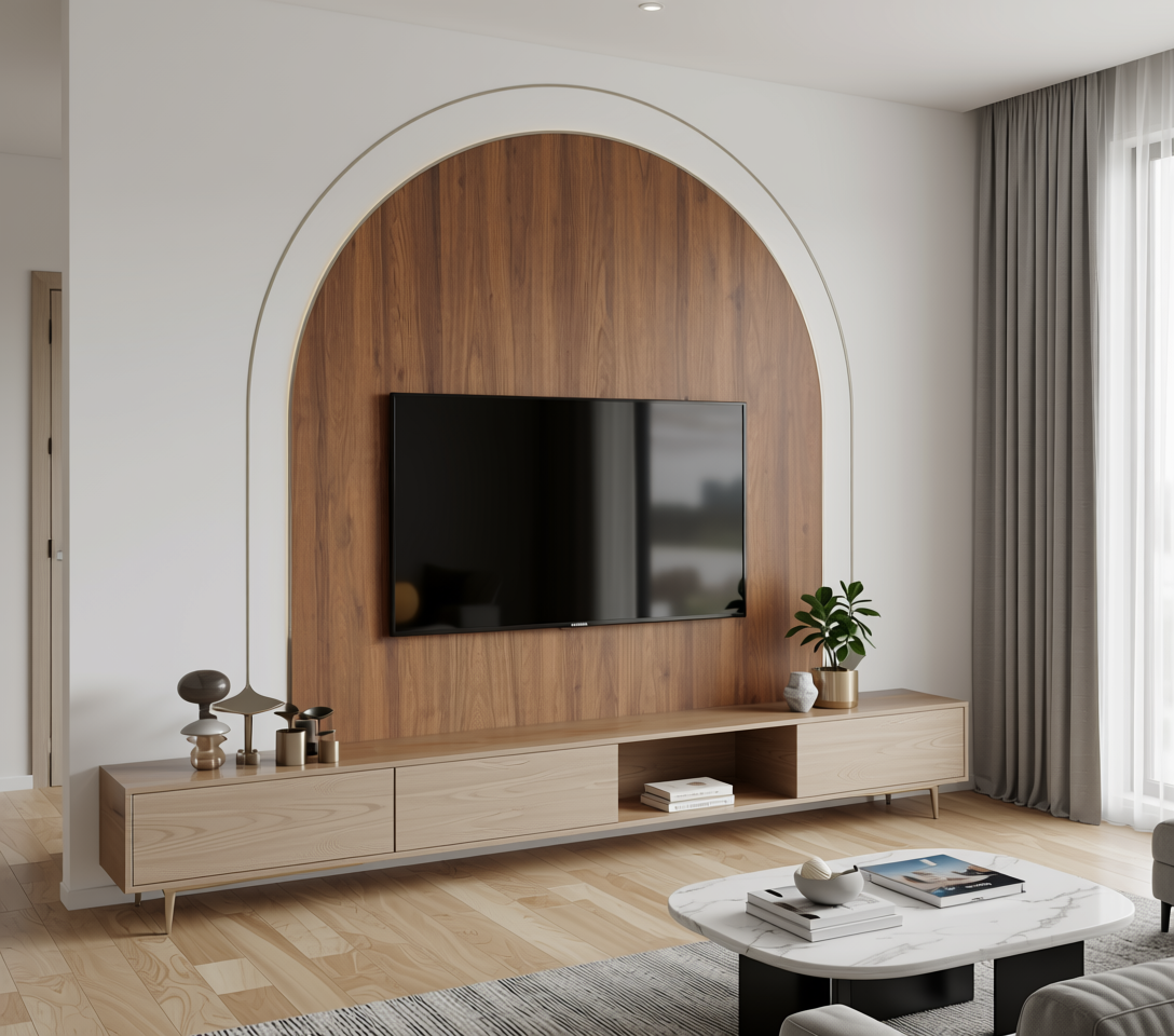 Brown wood laminate with vertical grain texture and arched white border.
