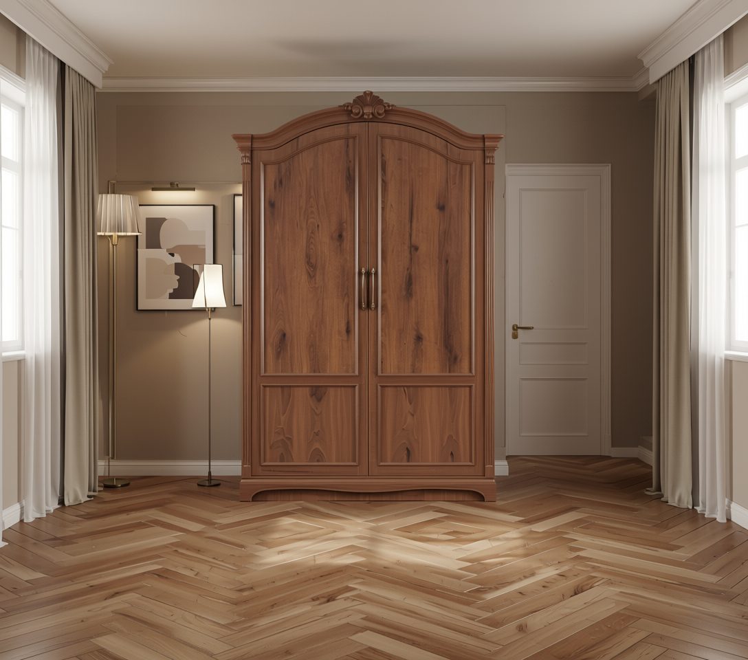 Brown laminate with wood grain texture and dark brown speckles and knots.