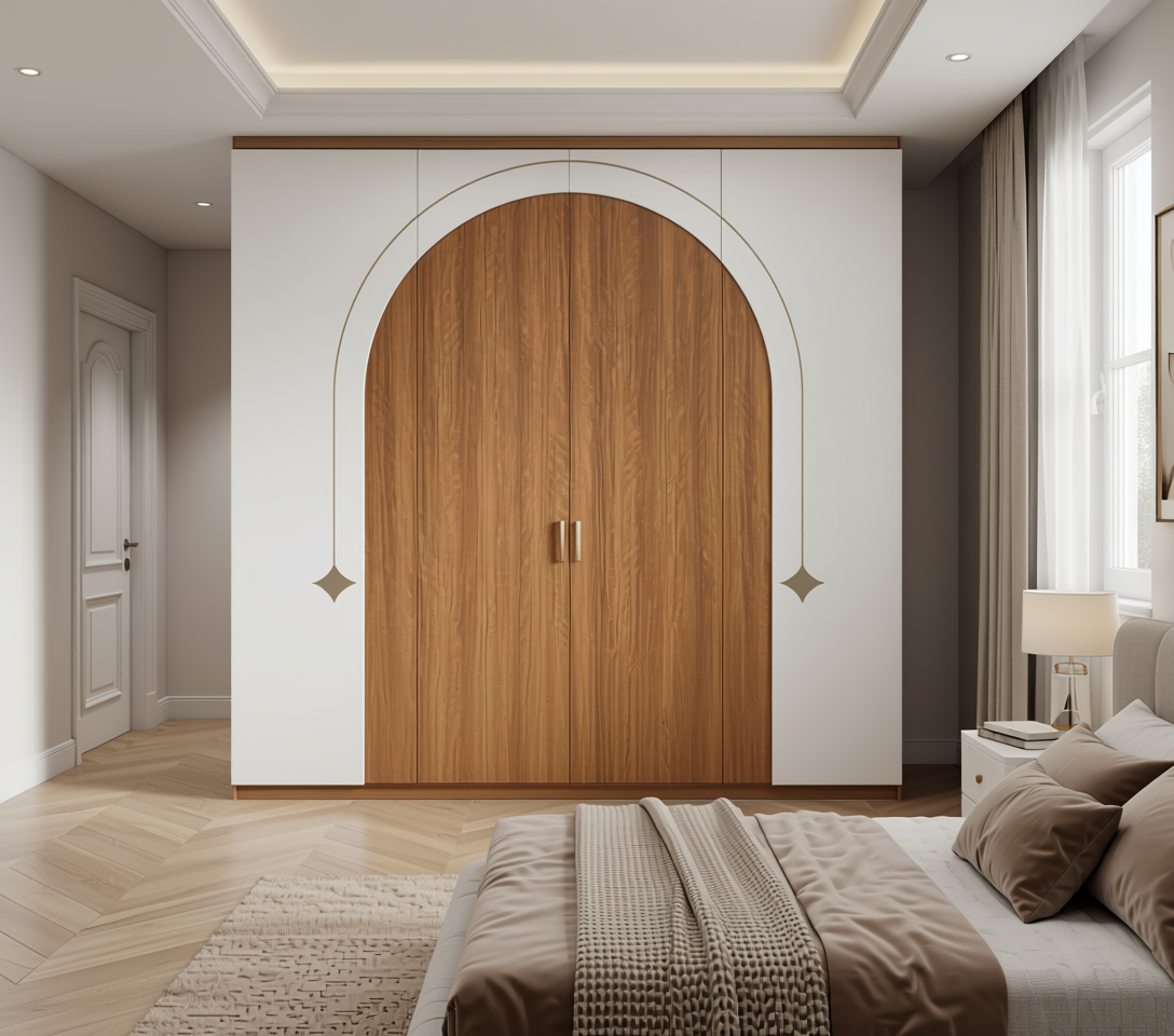 Brown wood laminate with vertical grain texture and arched white border.