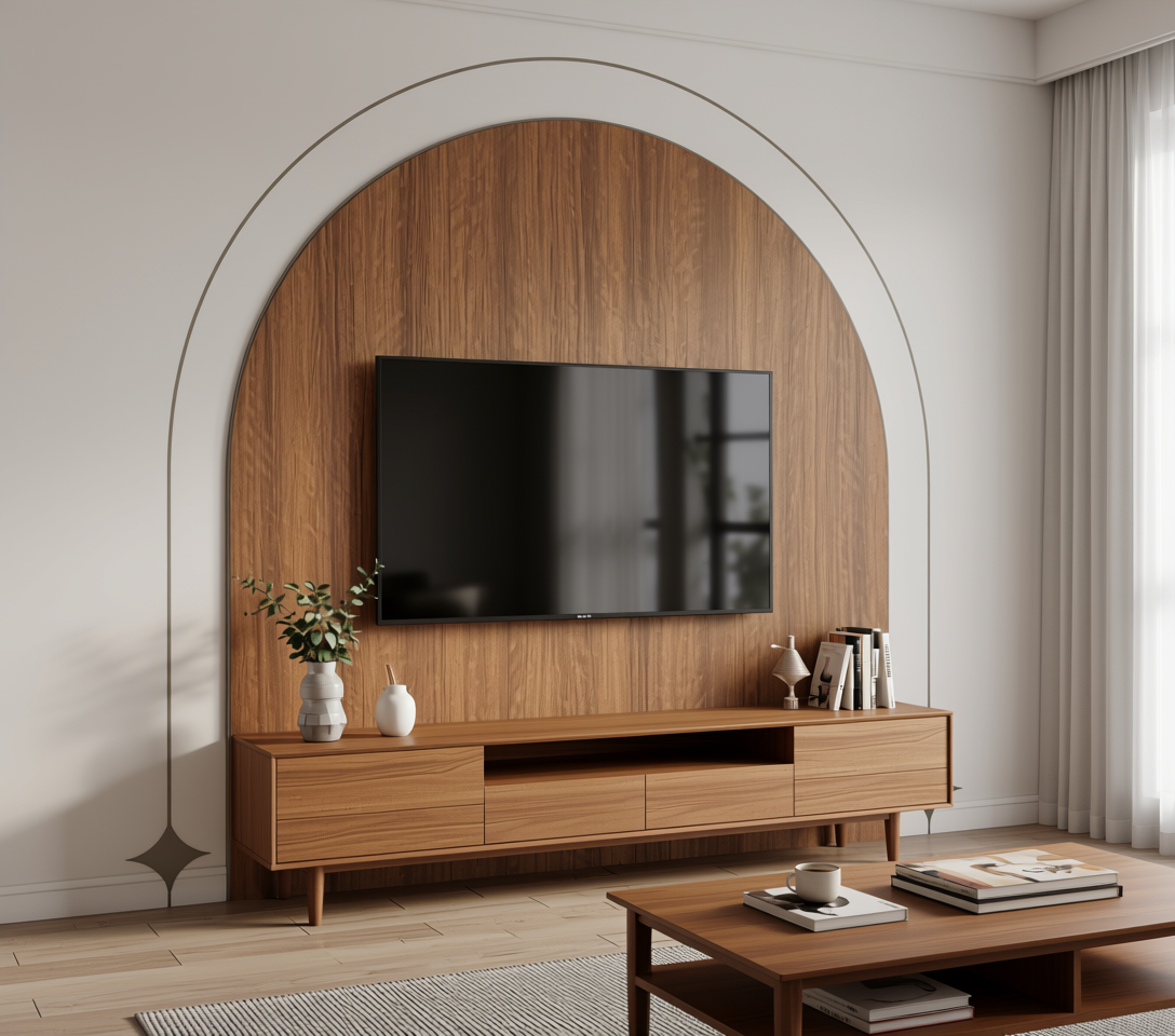 Brown wood laminate with vertical grain texture and arched white border.