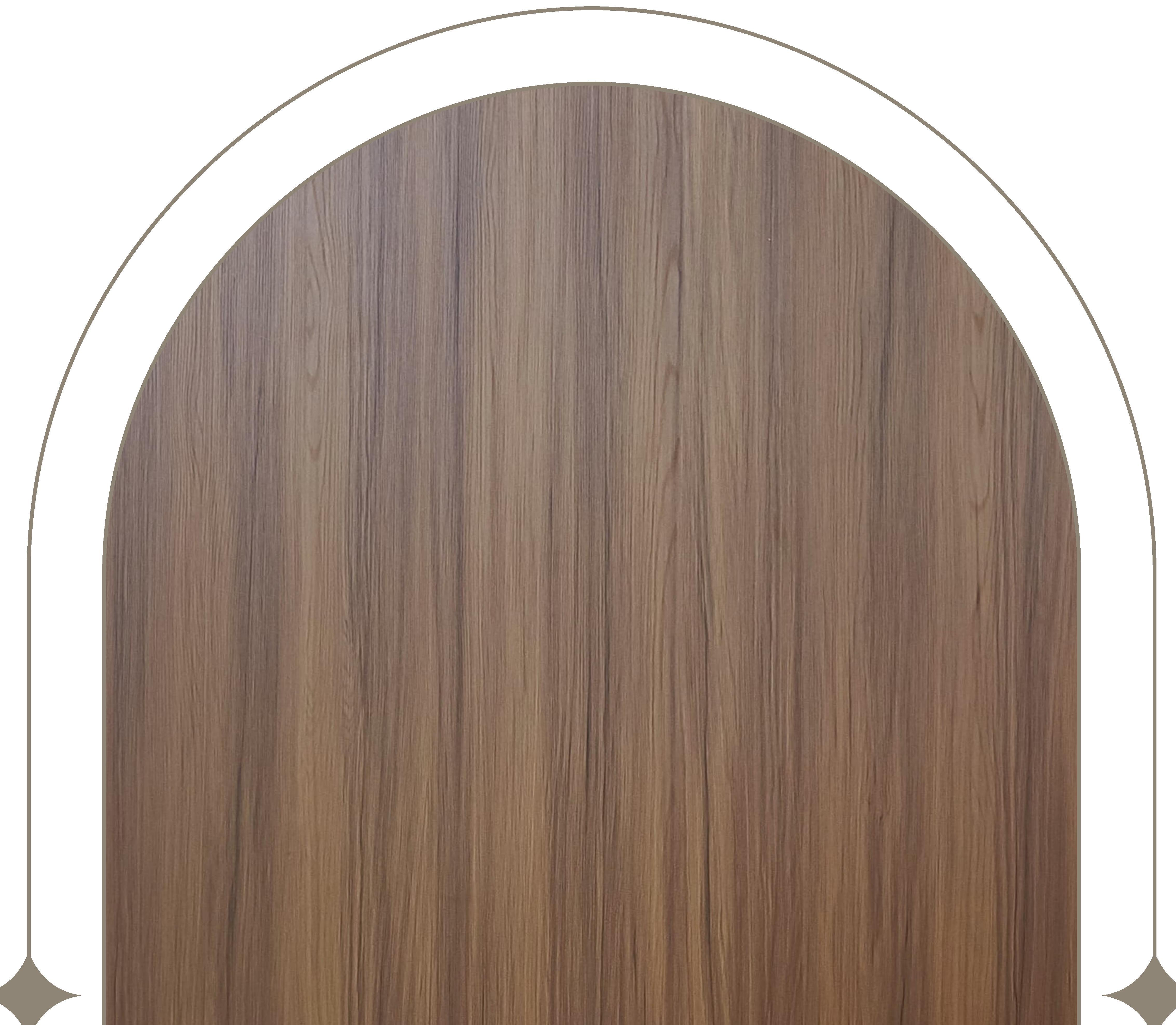 Brown wood laminate with vertical grain texture and arched design element.