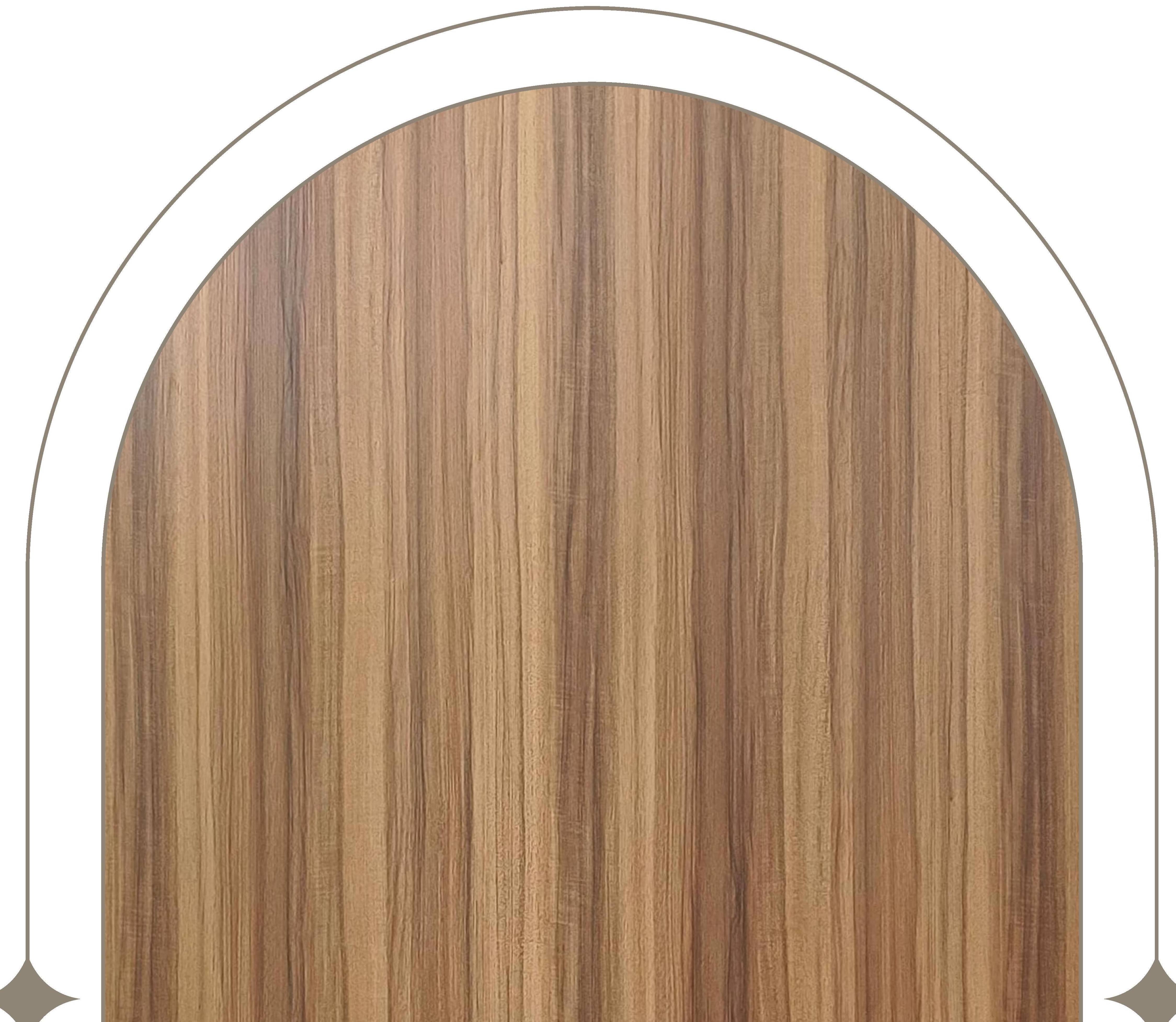 Brown wood laminate with vertical grain and textured finish in an arched frame.