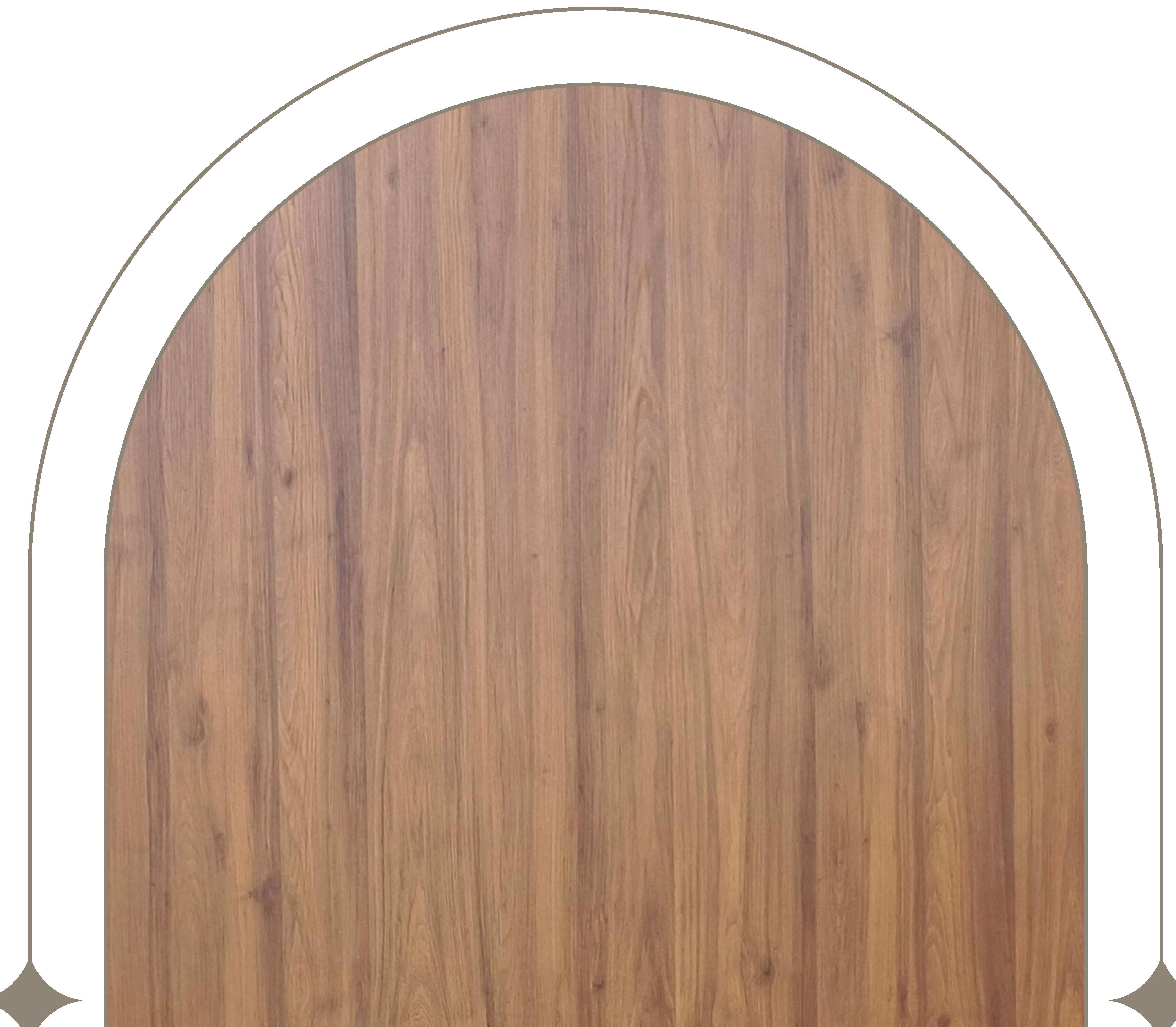 Brown wood laminate with vertical grain texture and arched white border.