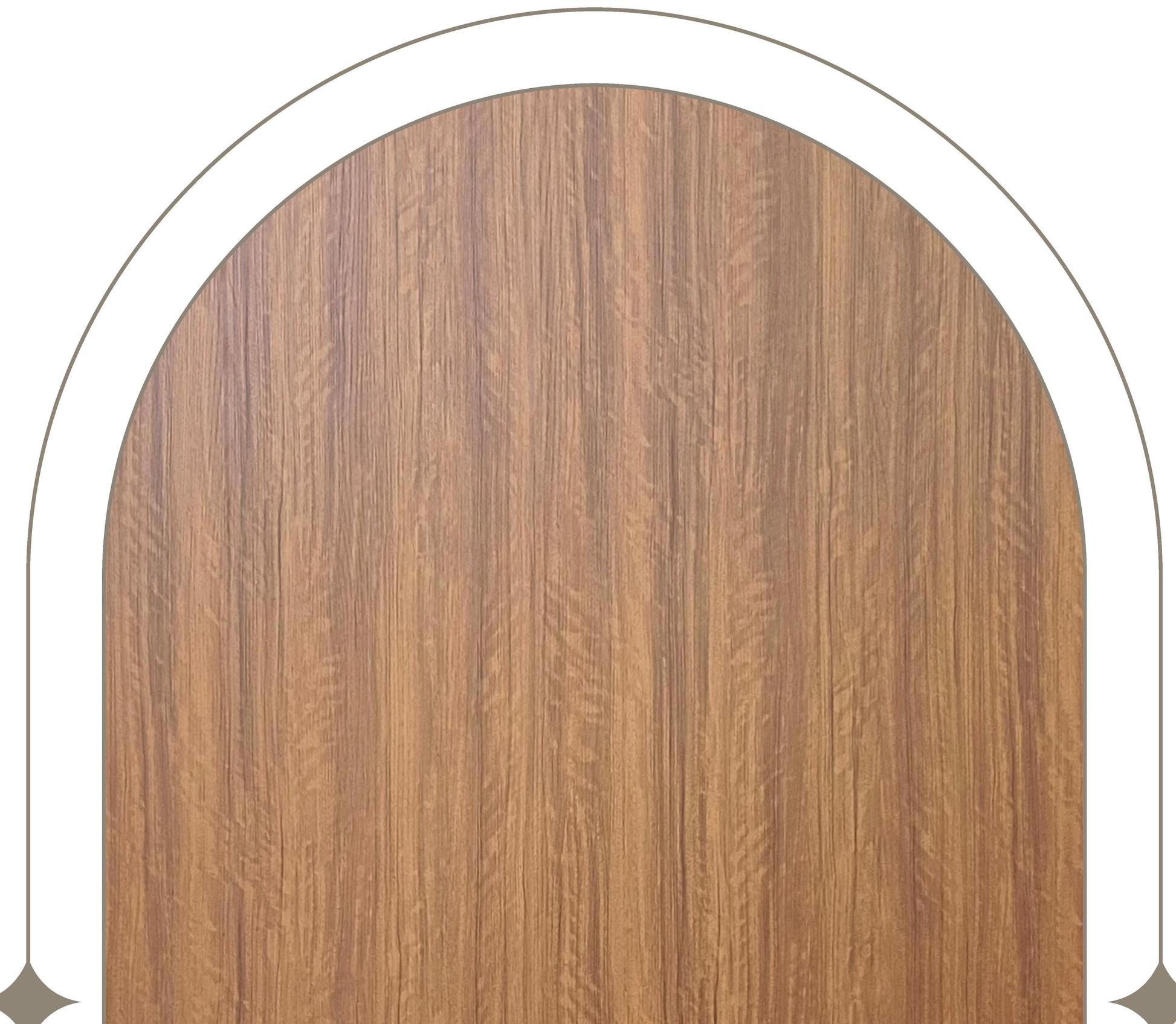 Brown wood laminate with vertical grain texture and arched white border.