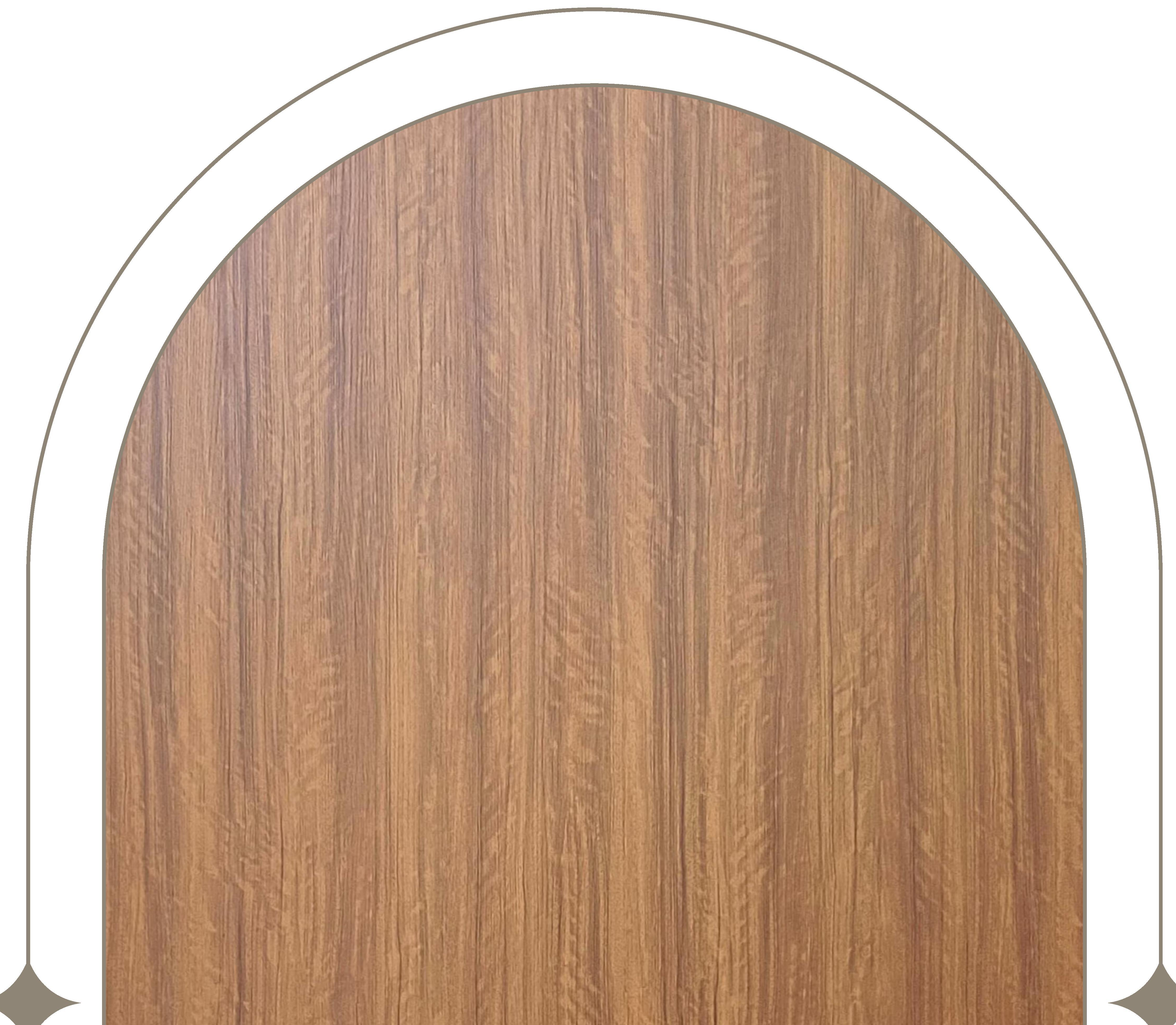 Brown wood laminate with vertical grain texture and arched white border.