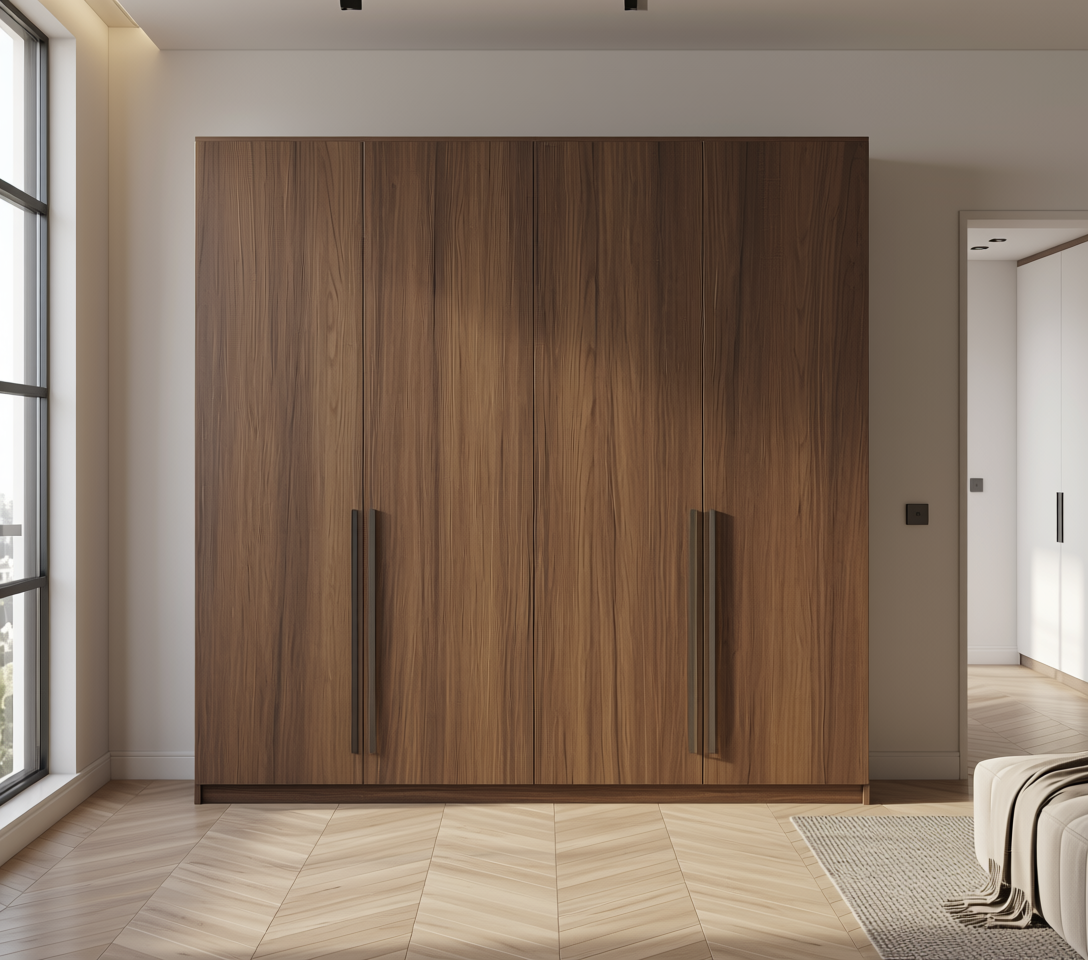 Brown wood laminate with vertical grain texture and arched design element.