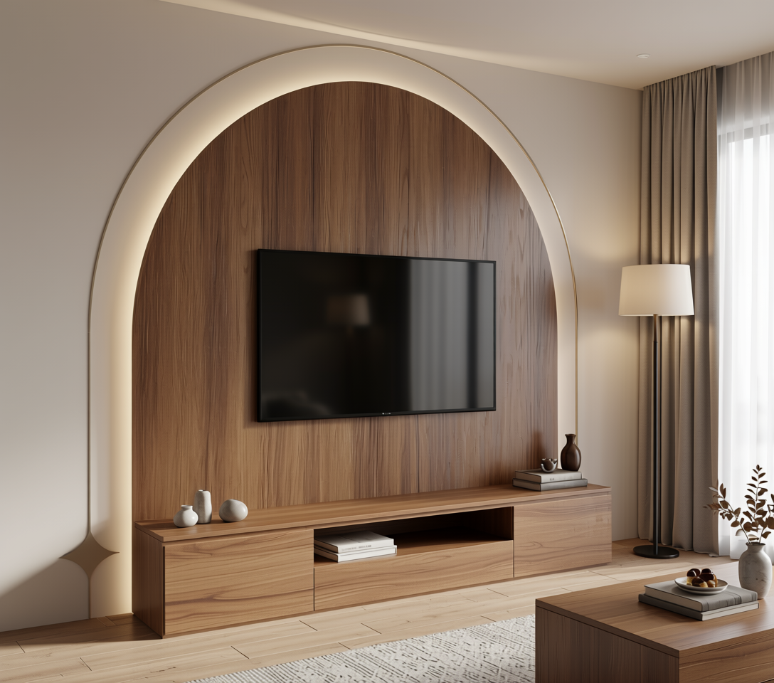Brown wood laminate with vertical grain texture and arched design element.