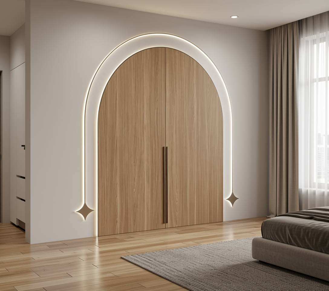 Brown laminate with a wood grain texture and vertical grain direction.