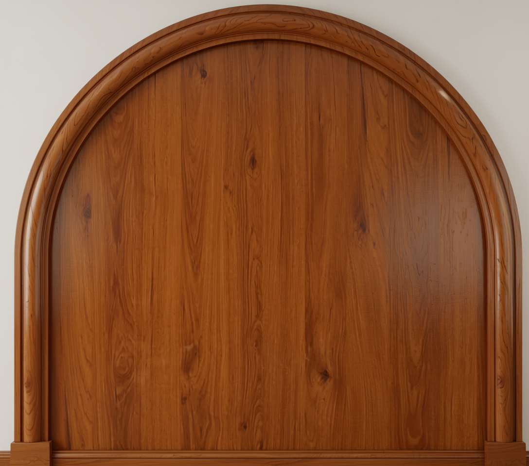 Brown laminate with wood grain texture and vertical grain direction, arched top.