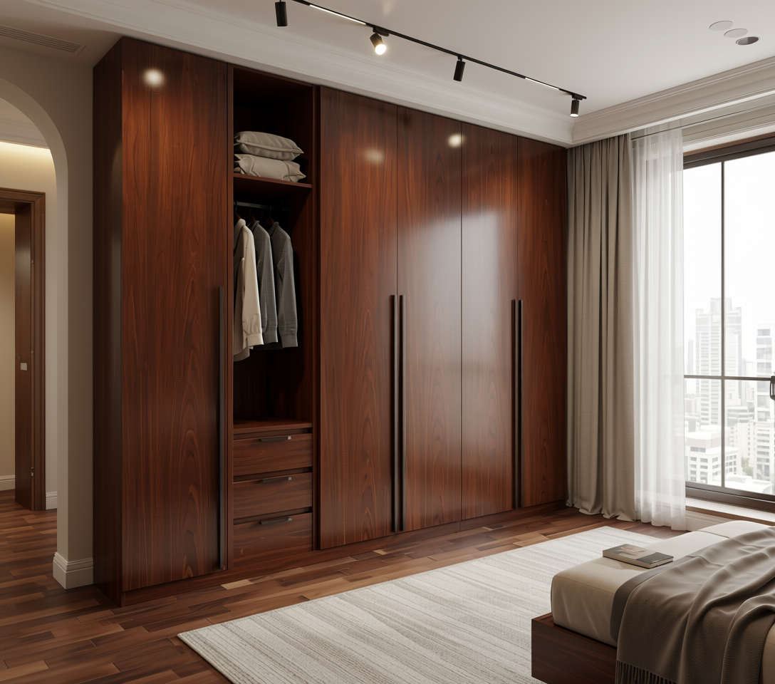 Brown wood laminate with textured finish and vertical grain direction.