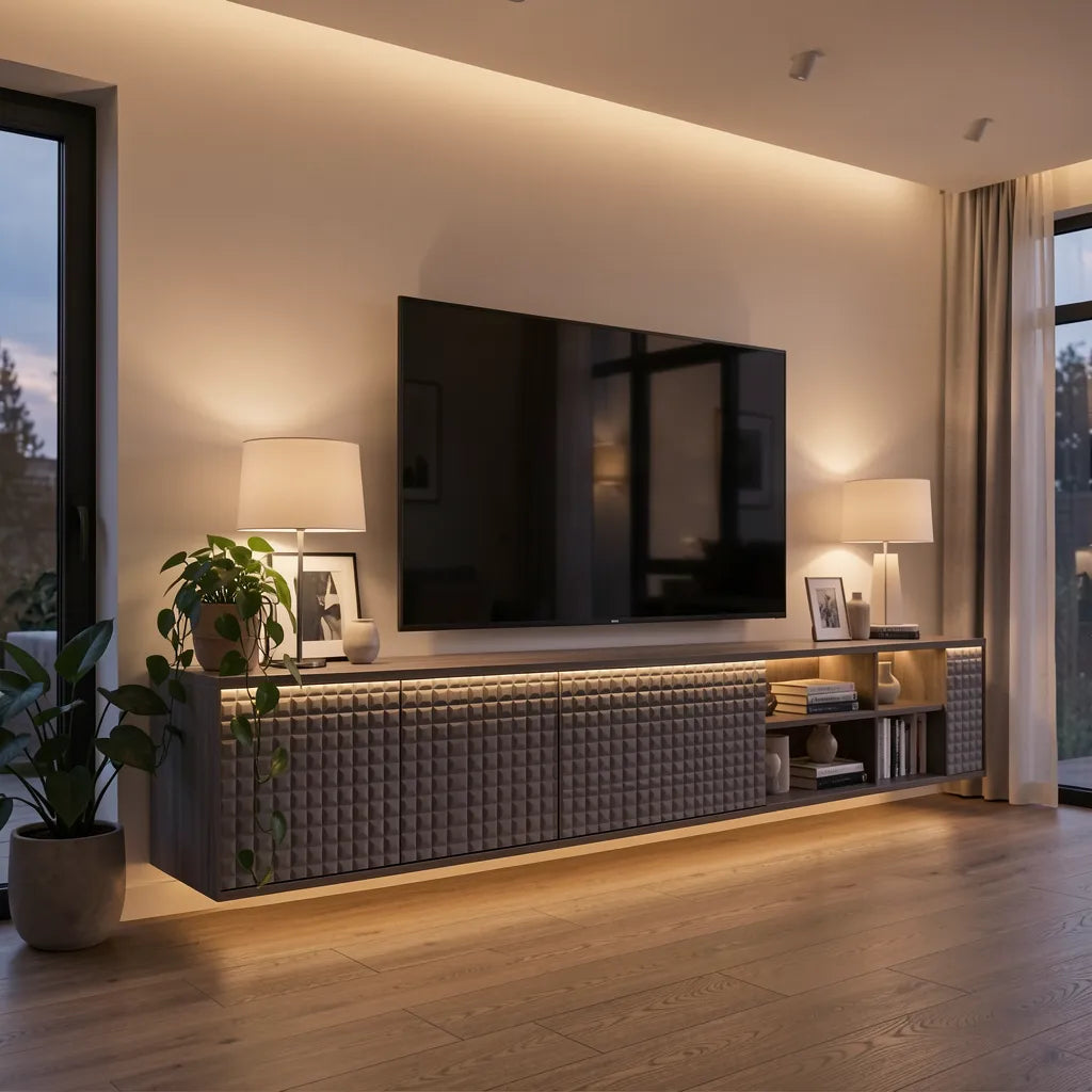 Grey laminate with textured, geometric grid pattern and matte finish.