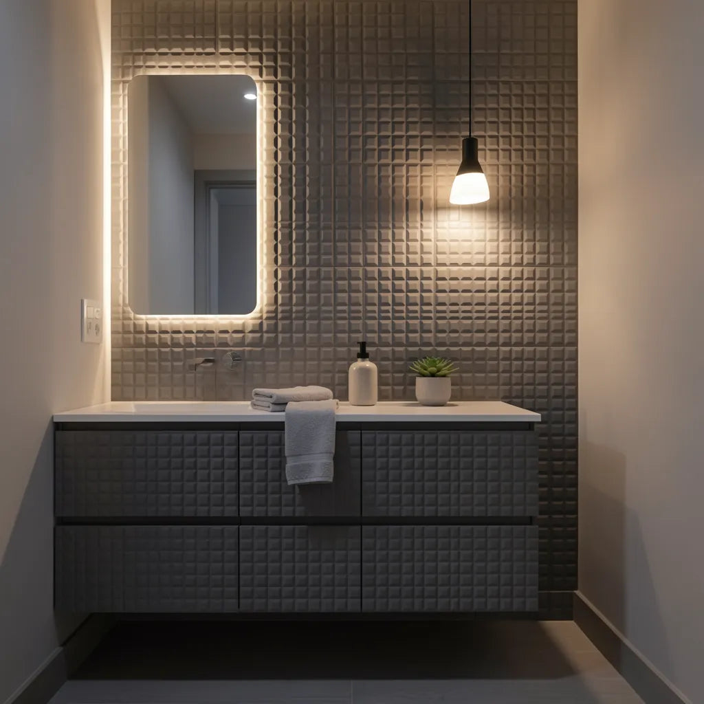 Grey laminate with textured, geometric grid pattern and matte finish.