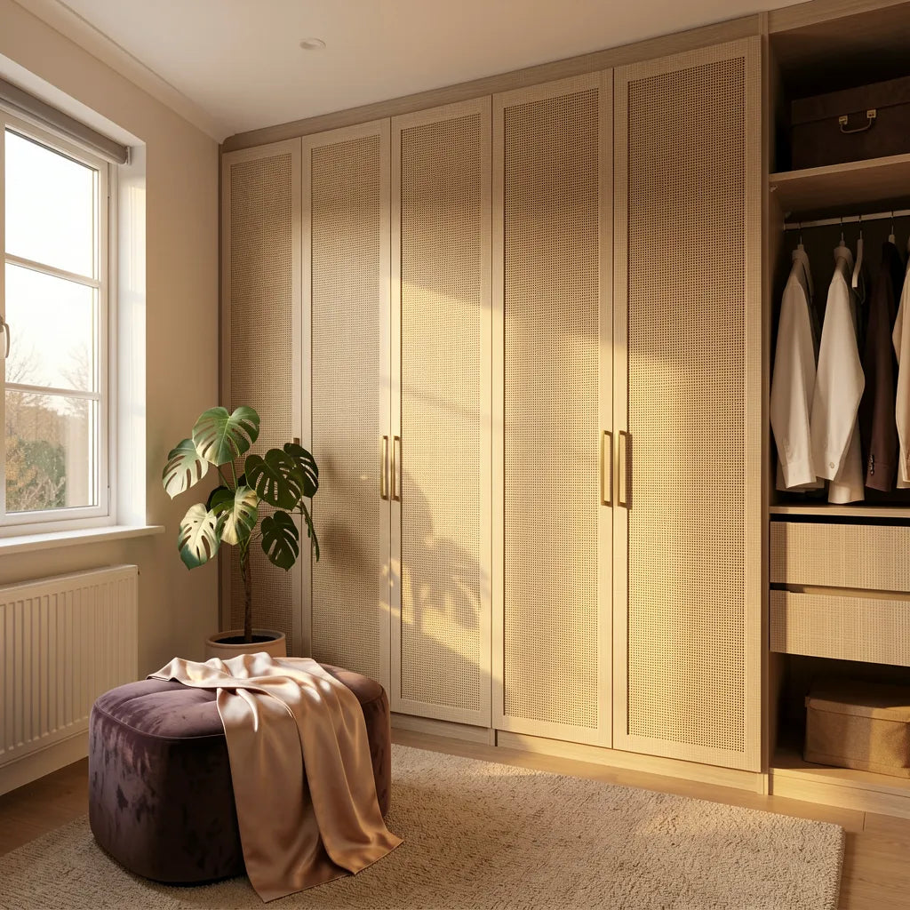 Beige textured laminate with cane pattern and grid texture, subtle sheen.
