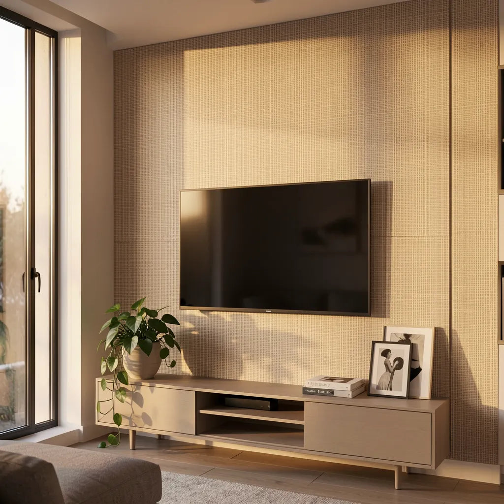 Beige textured laminate with cane pattern and grid texture, subtle sheen.