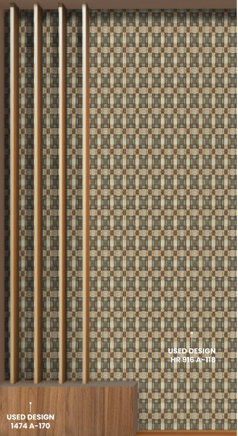 Green and brown patterned laminate with vertical wood slats and textured finish.