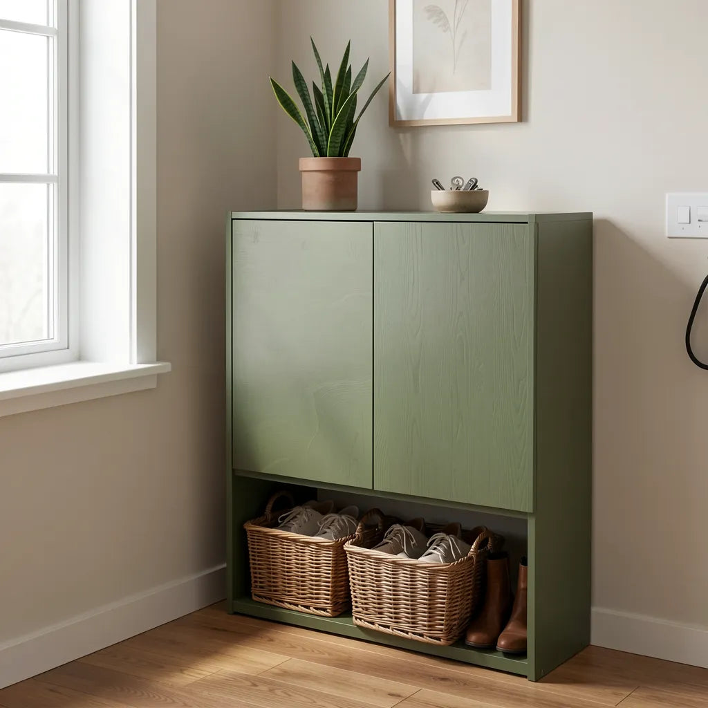 Green and brown patterned laminate with vertical wood slats and textured finish.