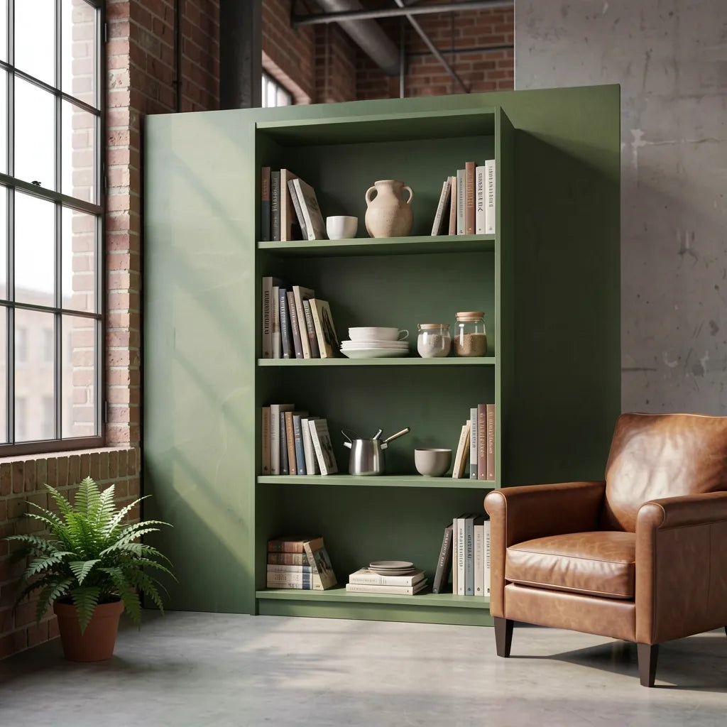 Green and brown patterned laminate with vertical wood slats and textured finish.