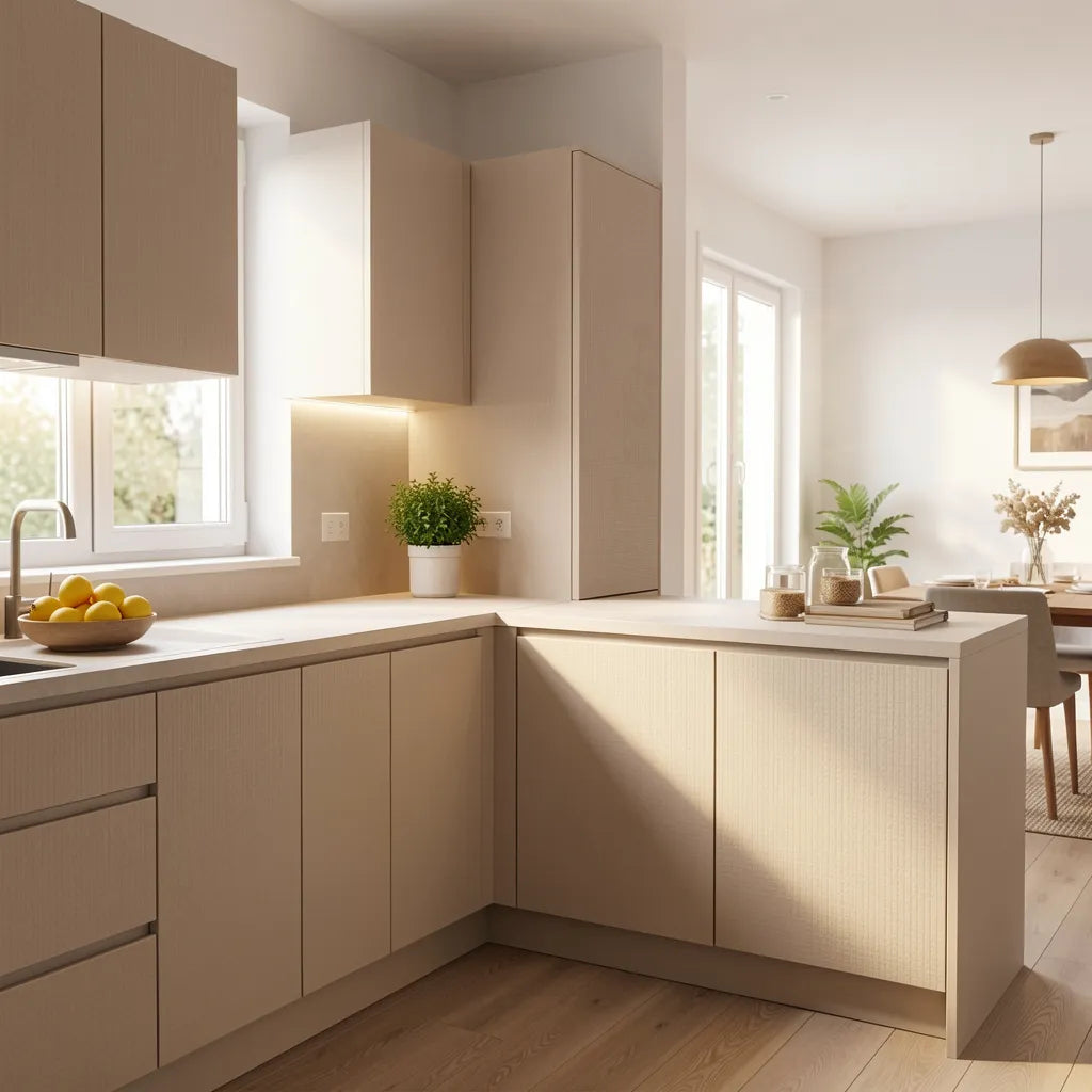 Beige textured laminate with geometric pattern and vertical grain direction.