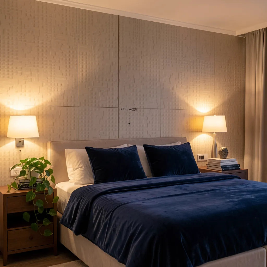 Beige textured laminate with geometric pattern and vertical grain direction.