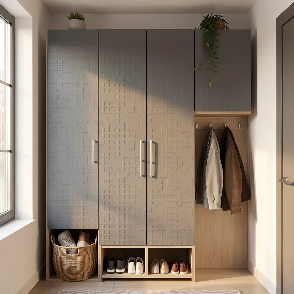 Grey matte laminate with geometric pattern and embossed texture.