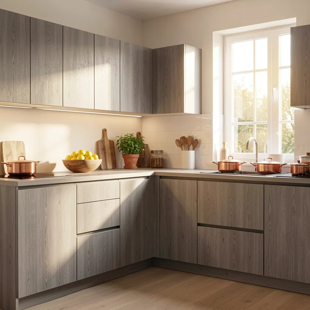 Dark grey textured laminate with vertical wood grain pattern and matte finish.