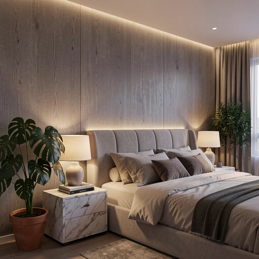 Dark grey textured laminate with vertical wood grain pattern and matte finish.
