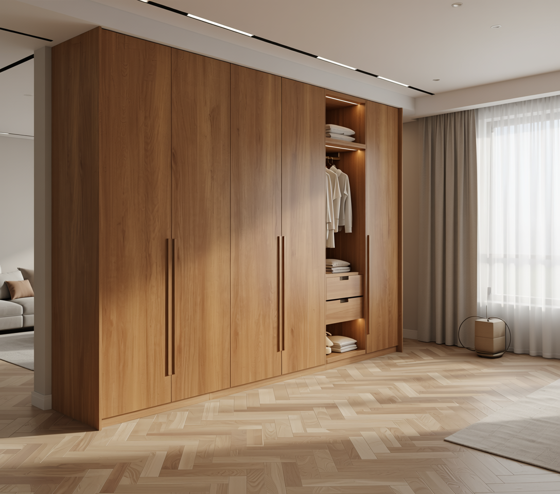 Brown wood laminate with textured finish and vertical grain direction.