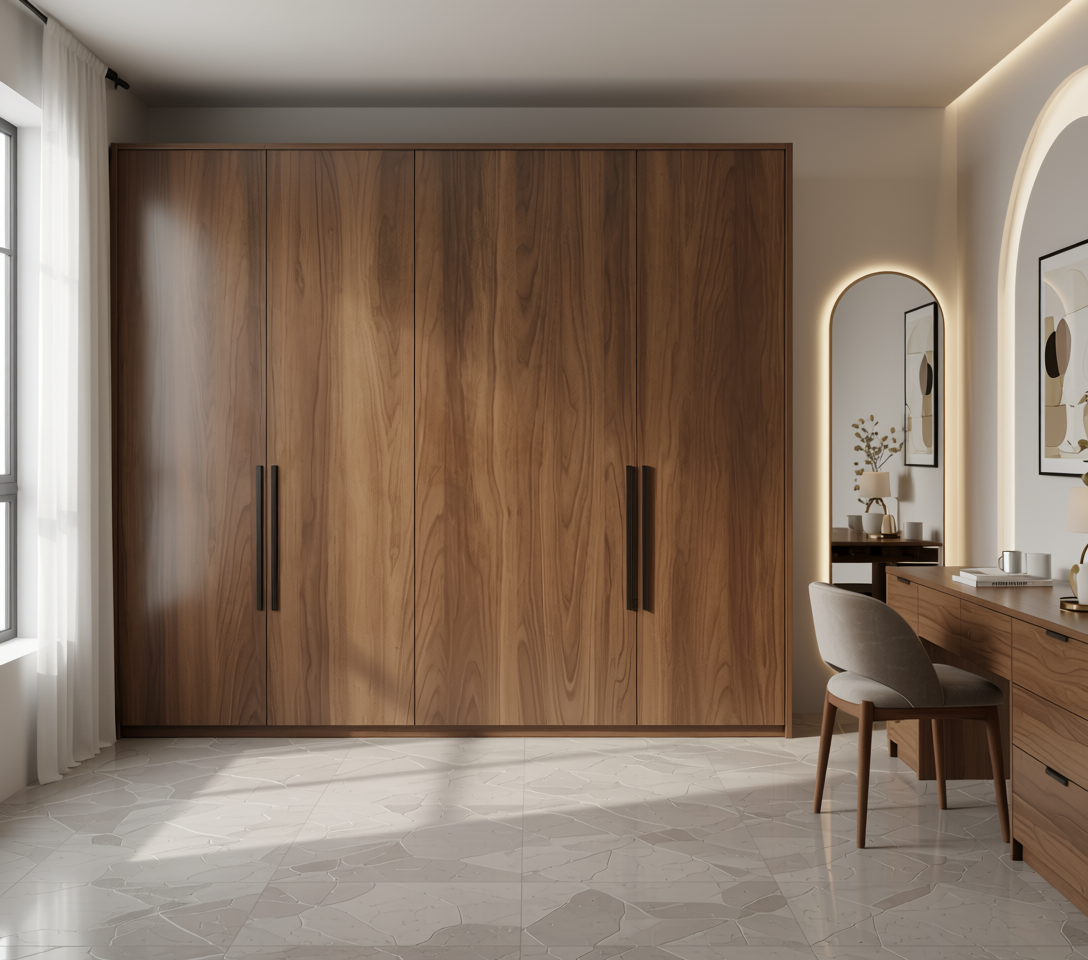 Brown wood laminate with textured finish and vertical grain direction.
