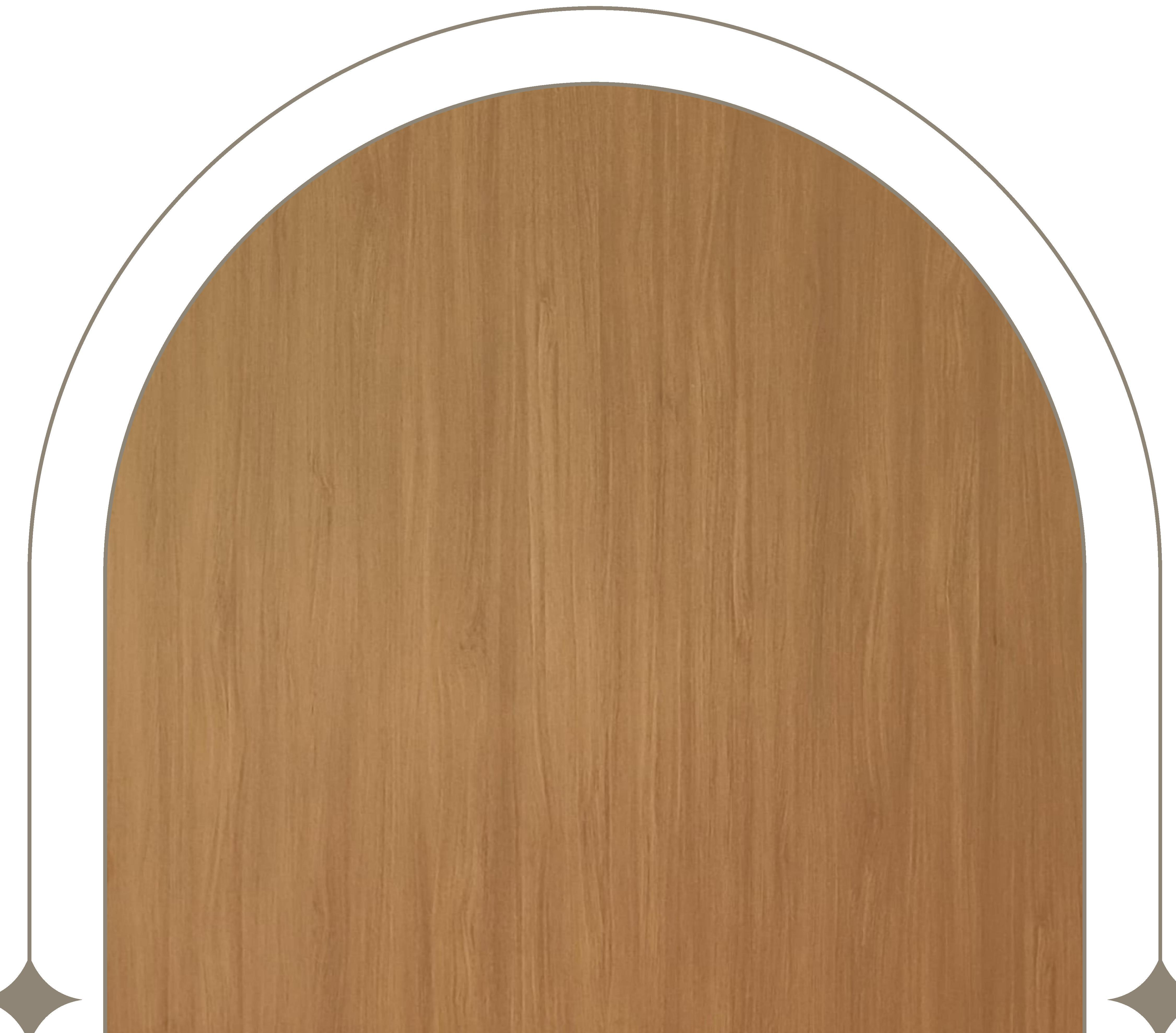 Brown wood laminate with vertical grain and textured finish in an arched frame.