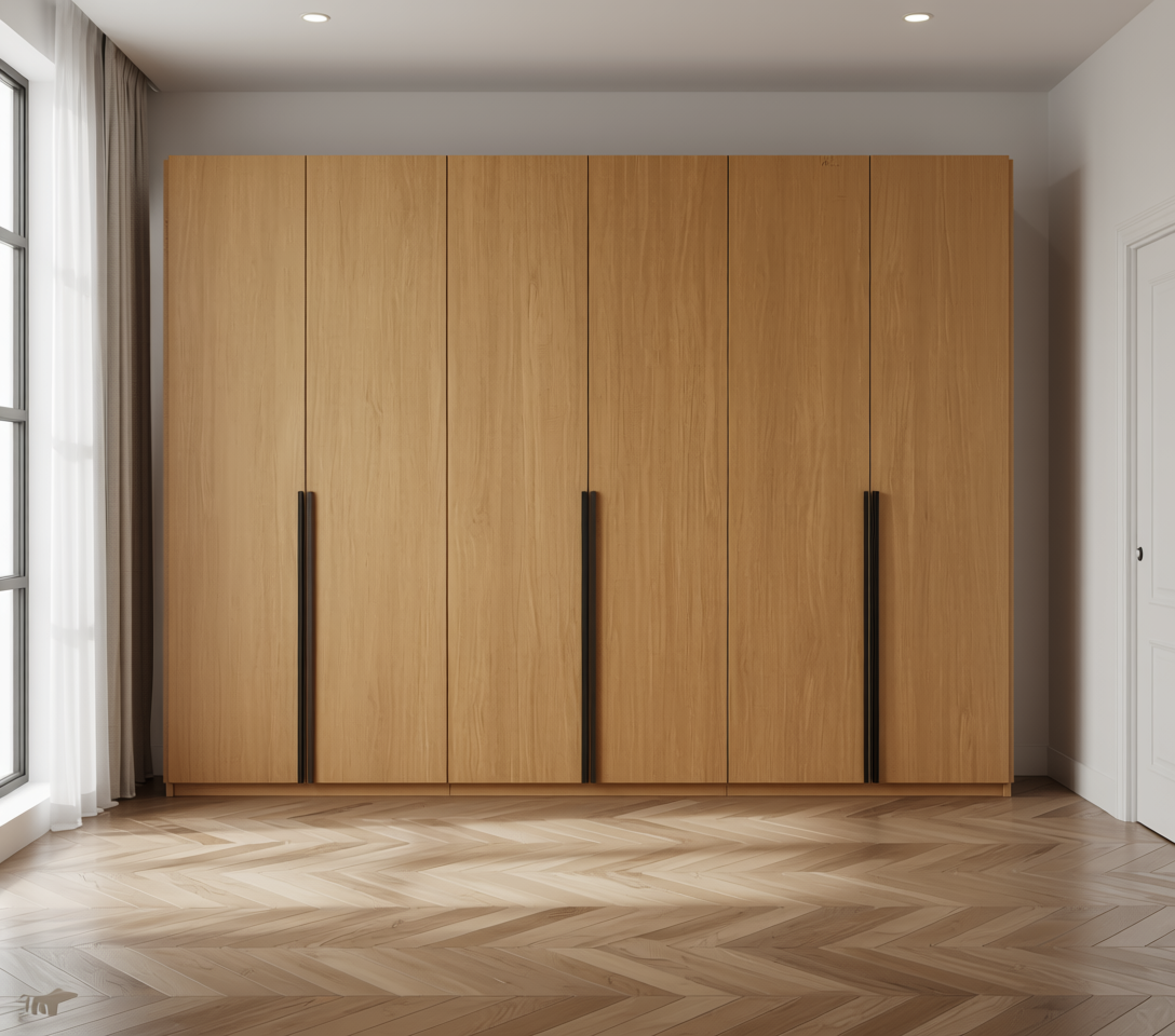 Brown wood laminate with vertical grain and textured finish in an arched frame.