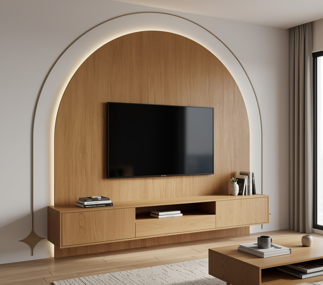 Brown wood laminate with vertical grain and textured finish in an arched frame.