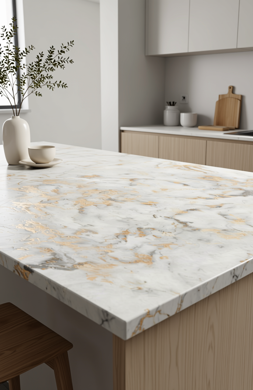 White marble laminate with gold and gray veining, textured finish.