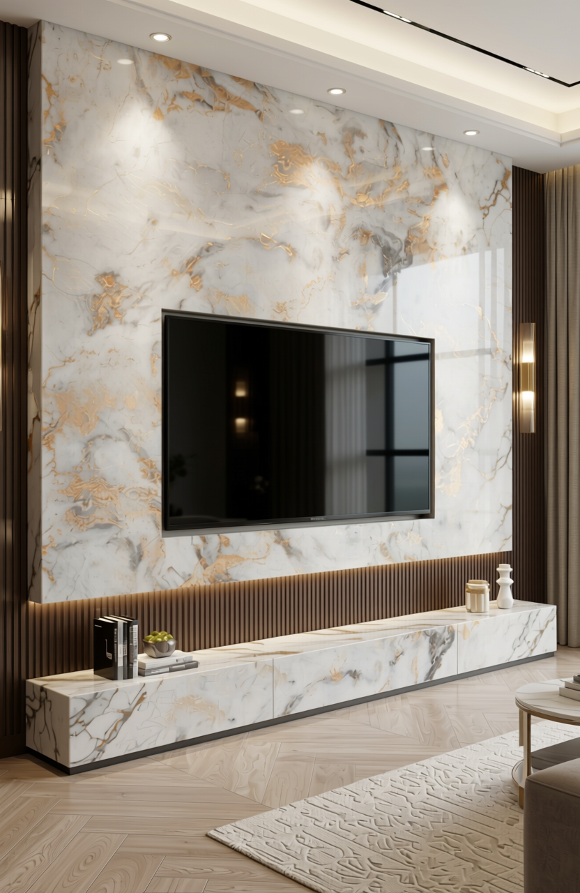 White marble laminate with gold and gray veining, textured finish.