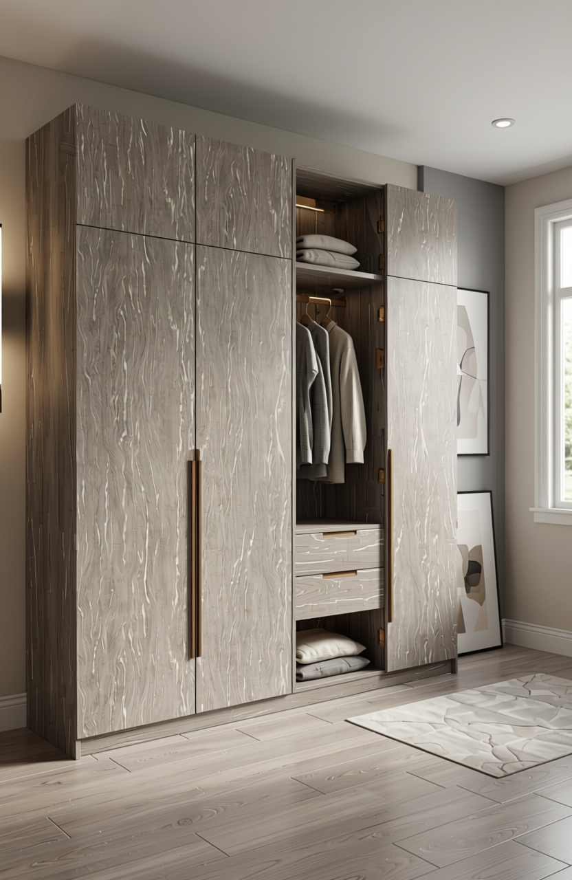 Silver laminate with a glossy, wavy, fluted texture and vertical pattern.