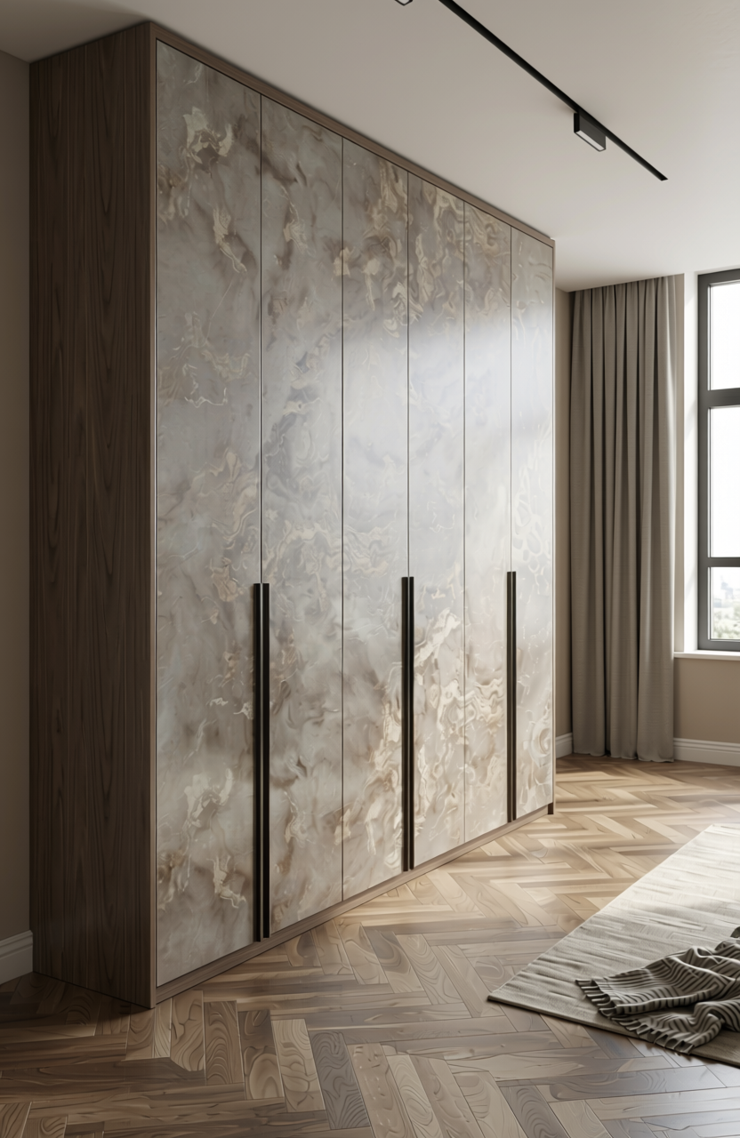 Grey marble laminate with swirling patterns and glossy finish.