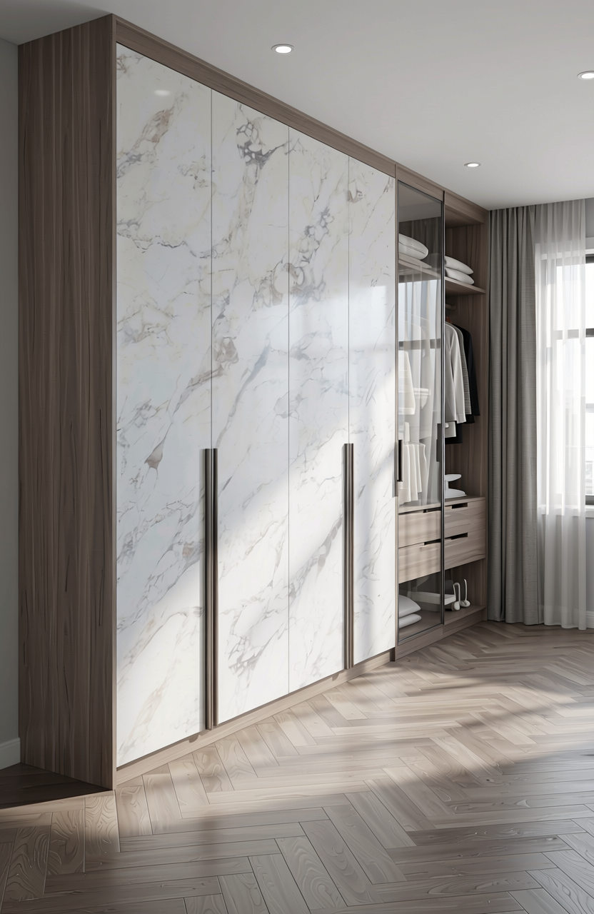 White marble laminate with gray and beige veining, textured finish.