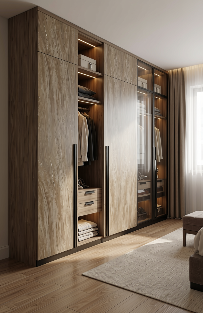Brown marble laminate with glossy finish and vertical white veining pattern.
