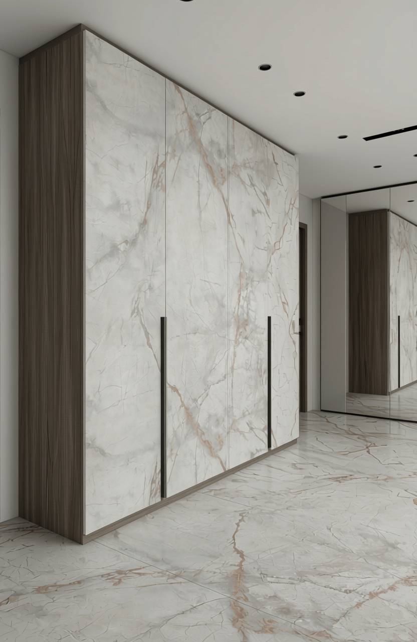Grey marble laminate with gold veining and glossy finish.