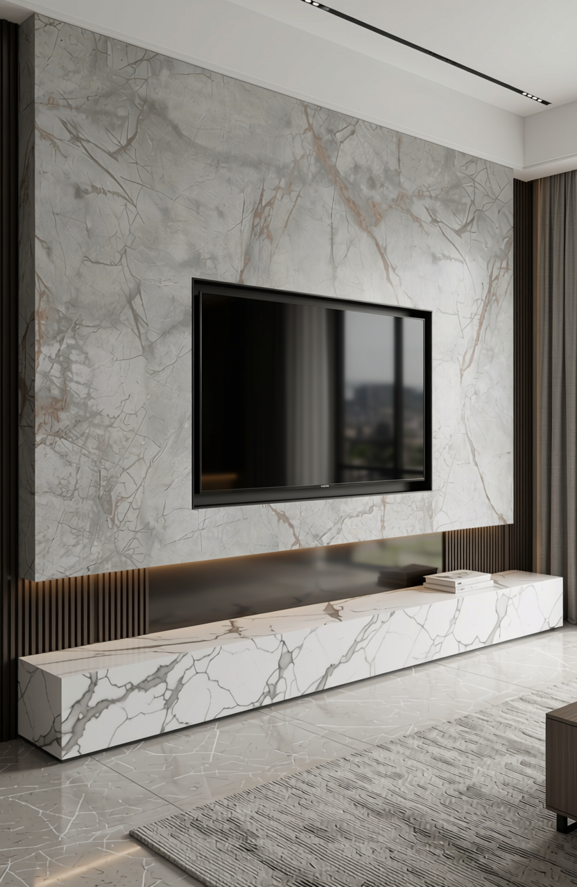 Grey marble laminate with gold veining and glossy finish.