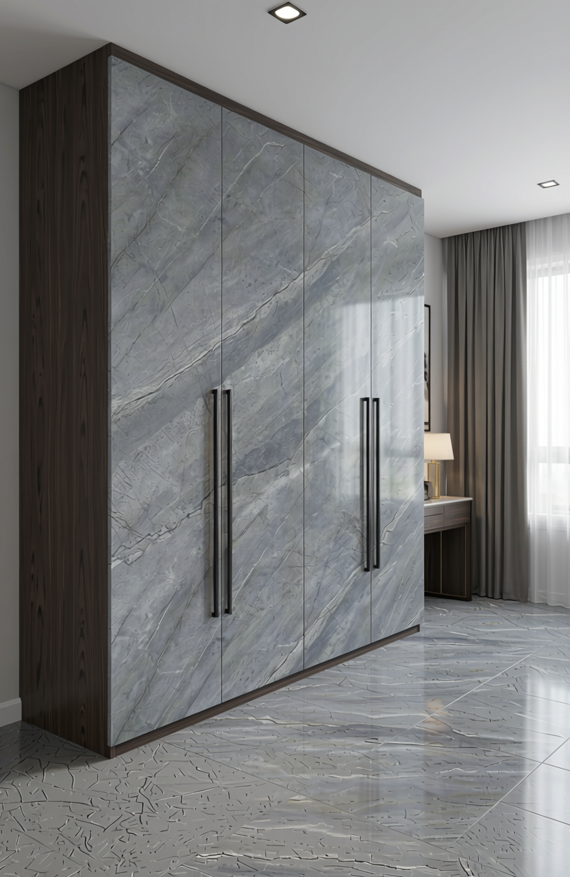 Grey marble laminate with diagonal streaks and glossy finish.
